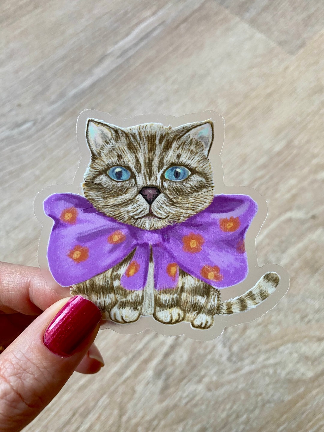 Tabby cat waterproof clear vinyl sticker 3.0 x 2.7"