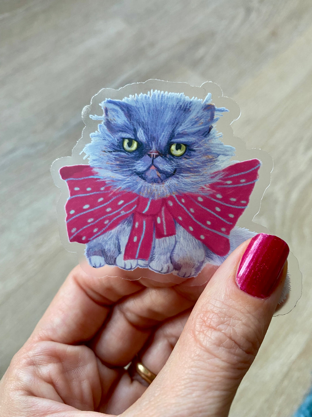 Grey Persian cat waterproof clear vinyl sticker 3.0" x 2.5"
