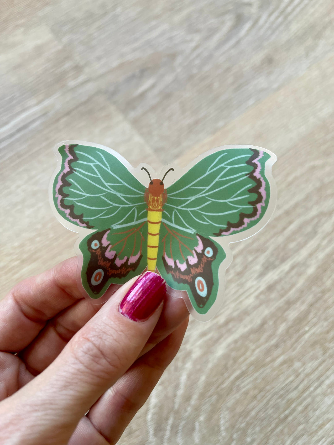 Green butterfly waterproof clear vinyl sticker 3.0 x s2.3"