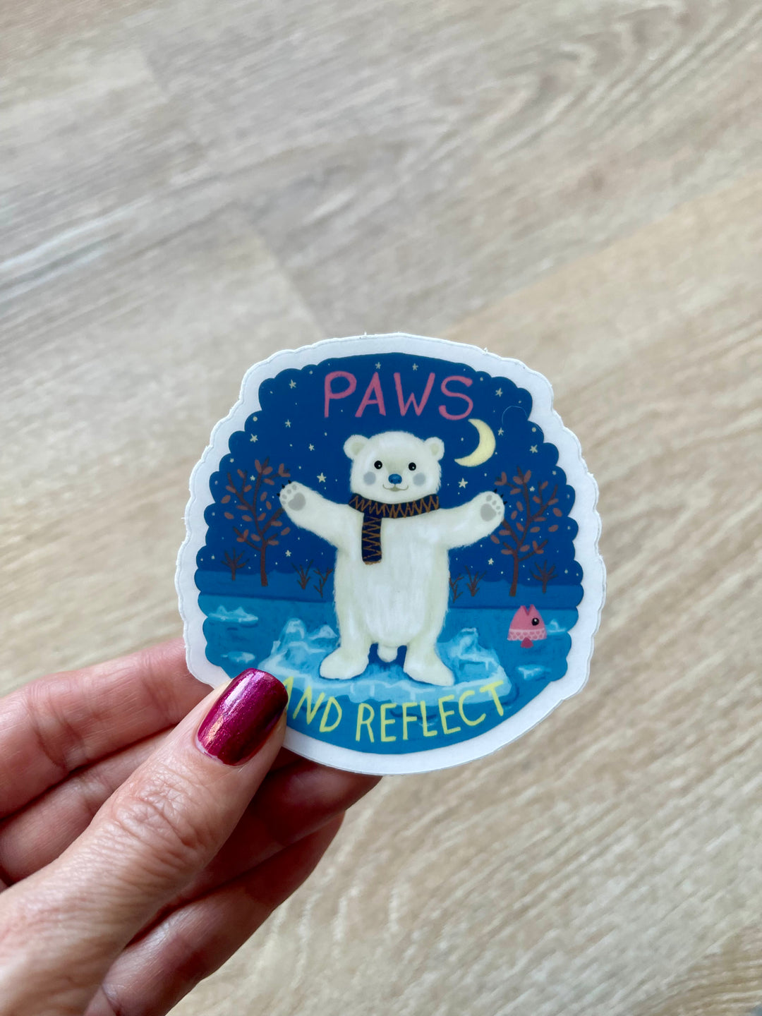 "Paws and reflect" polar bear waterproof vinyl sticker 2.9 x 3"