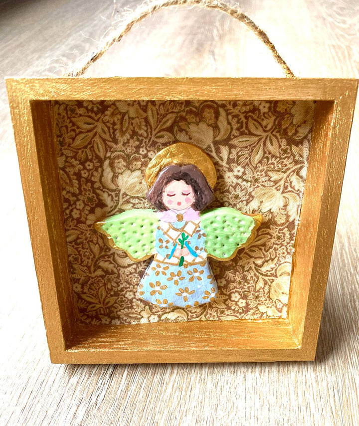 Handmade Angel Wall Art - 5x5 Shadow box - Brown floral Background - Jolly Dragons