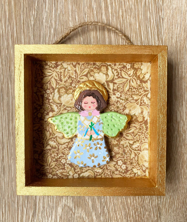 Handmade Angel Wall Art - 5x5 Shadow box - Brown floral Background - Jolly Dragons