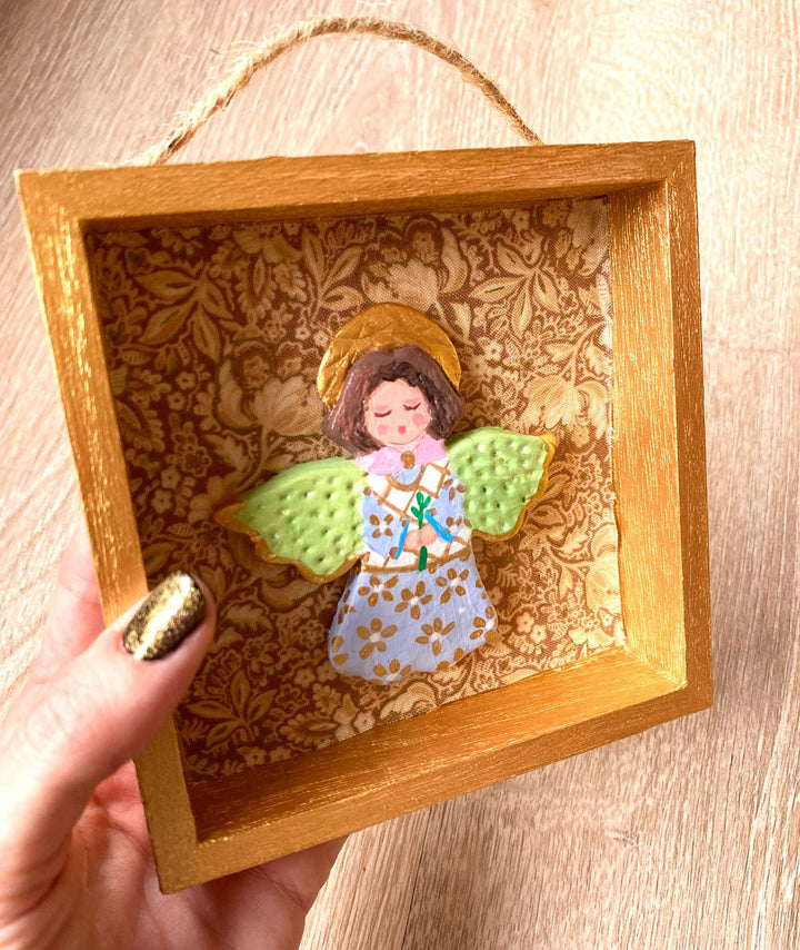 Handmade Angel Wall Art - 5x5 Shadow box - Brown floral Background - Jolly Dragons
