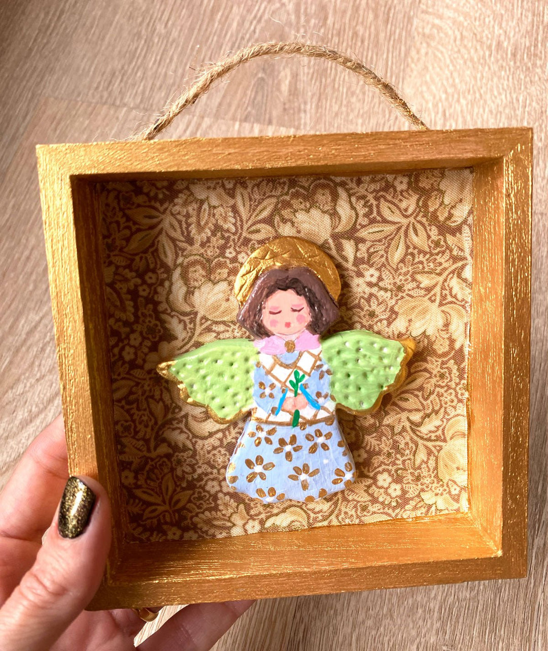 Handmade Angel Wall Art - 5x5 Shadow box - Brown floral Background - Jolly Dragons