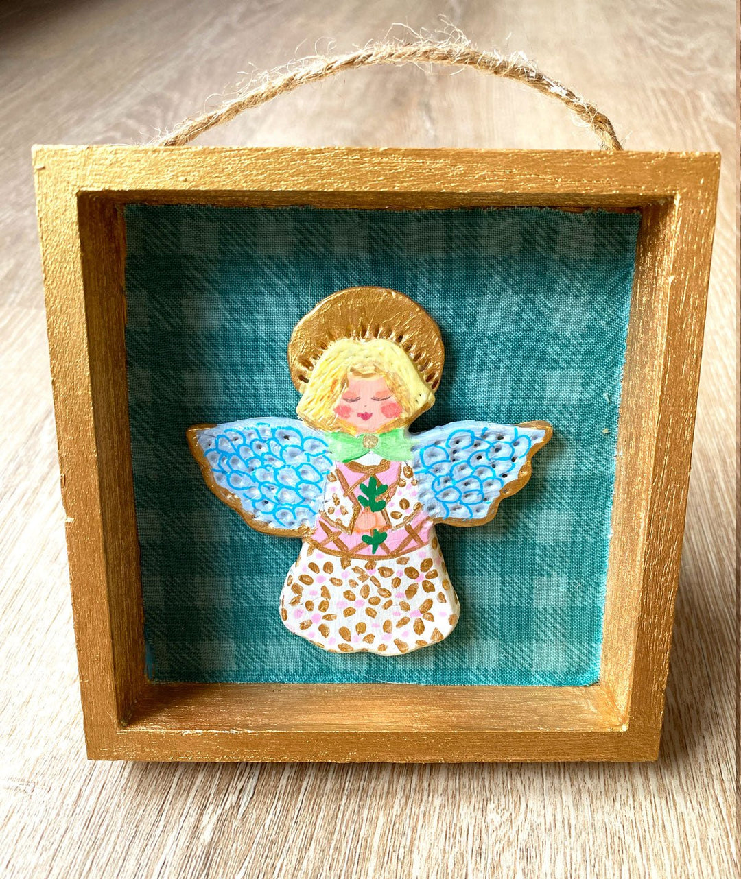 Handmade Angel Wall Art - 5x5 Shadow box - Green Gingham Background - Jolly Dragons