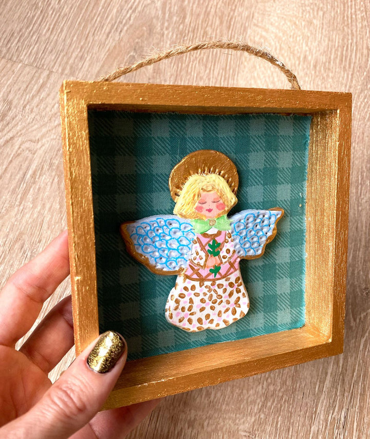 Handmade Angel Wall Art - 5x5 Shadow box - Green Gingham Background - Jolly Dragons