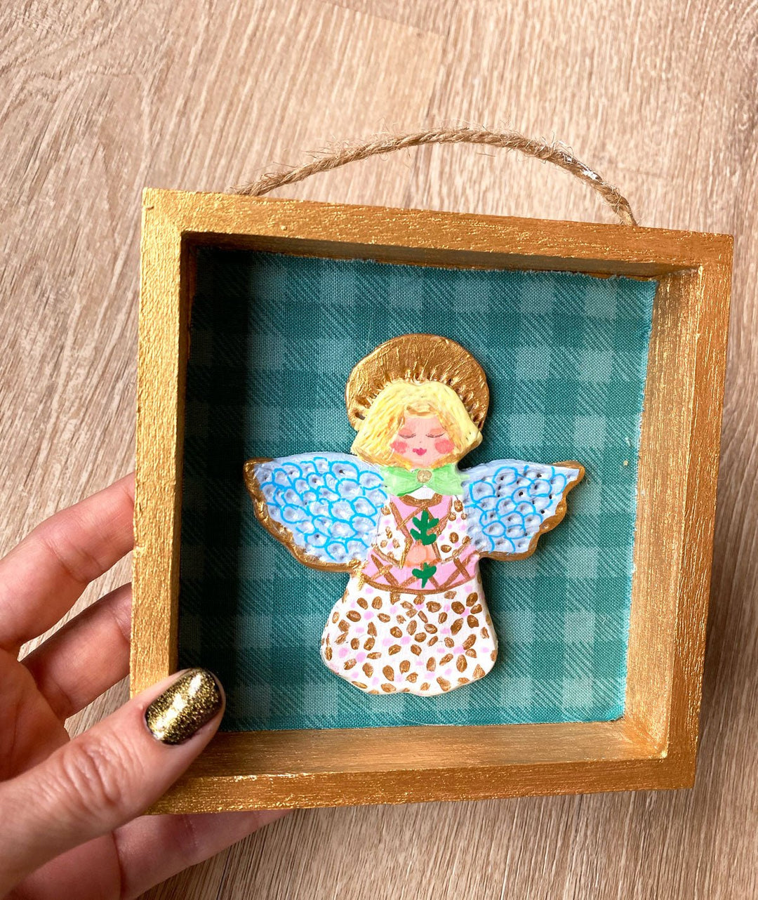 Handmade Angel Wall Art - 5x5 Shadow box - Green Gingham Background - Jolly Dragons
