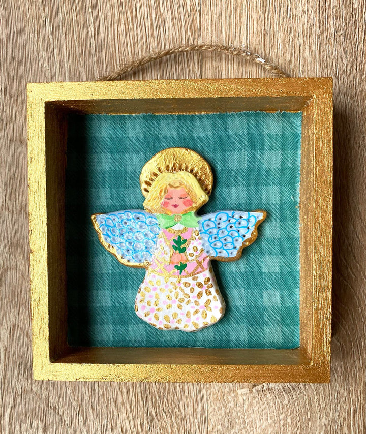 Handmade Angel Wall Art - 5x5 Shadow box - Green Gingham Background - Jolly Dragons