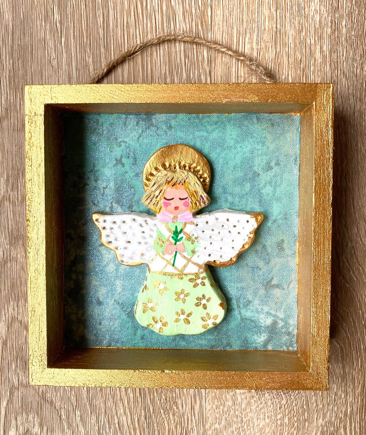 Handmade Angel Wall Art - 5x5 Shadow box - Turquoise textured background - Jolly Dragons