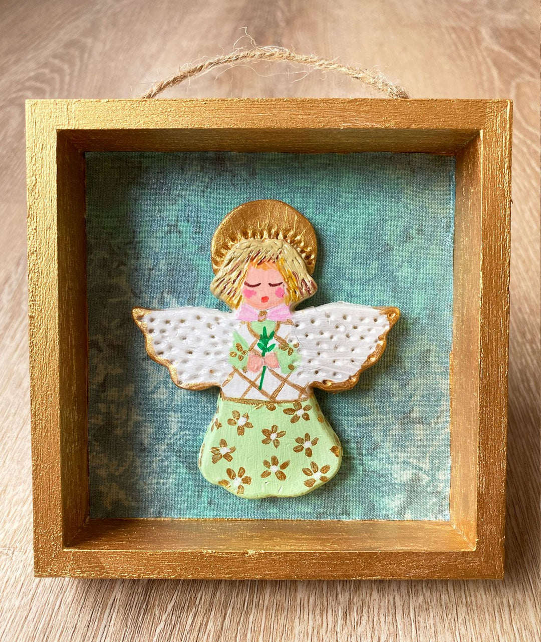 Handmade Angel Wall Art - 5x5 Shadow box - Turquoise textured background - Jolly Dragons