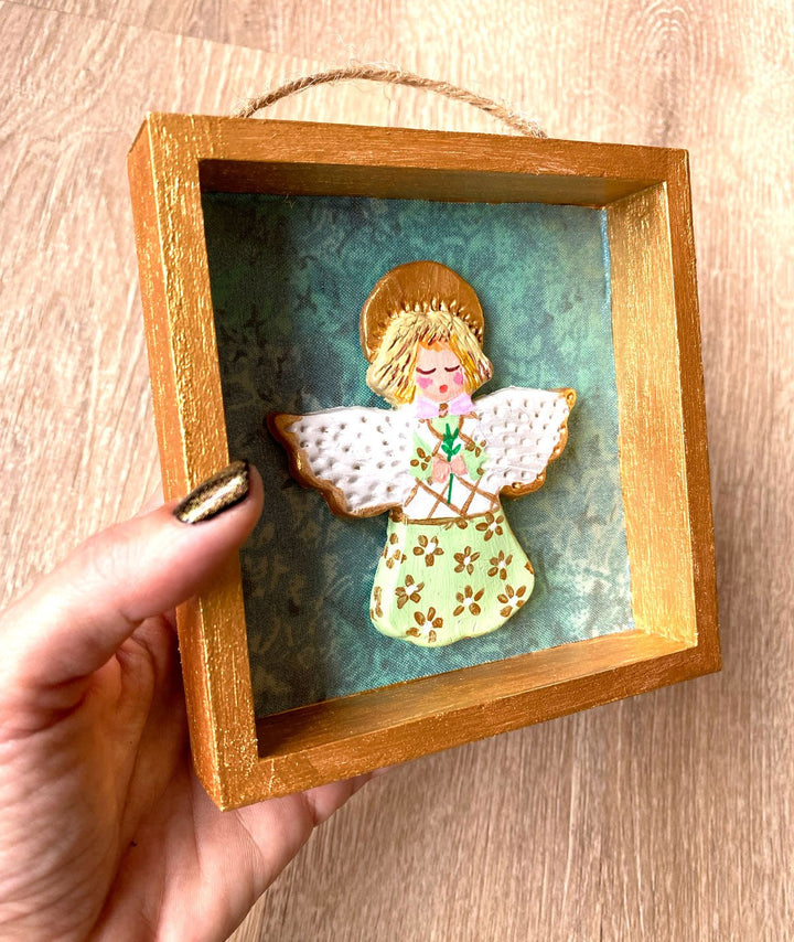 Handmade Angel Wall Art - 5x5 Shadow box - Turquoise textured background - Jolly Dragons