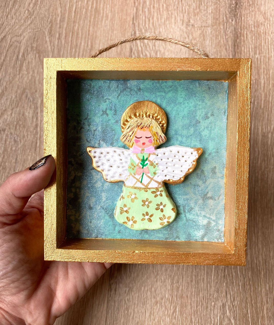 Handmade Angel Wall Art - 5x5 Shadow box - Turquoise textured background - Jolly Dragons