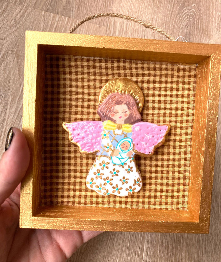 Handmade Angel with baby Wall Art - 5x5 Shadow box - Brown Gingham Background - Jolly Dragons