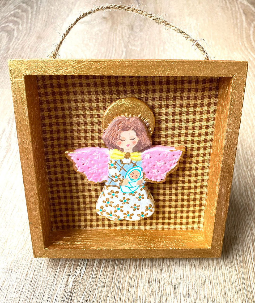 Handmade Angel with baby Wall Art - 5x5 Shadow box - Brown Gingham Background - Jolly Dragons