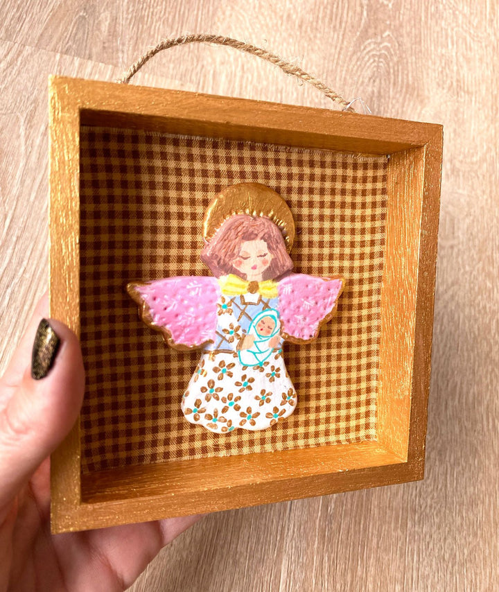 Handmade Angel with baby Wall Art - 5x5 Shadow box - Brown Gingham Background - Jolly Dragons
