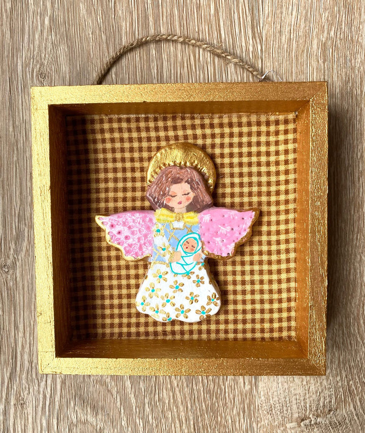 Handmade Angel with baby Wall Art - 5x5 Shadow box - Brown Gingham Background - Jolly Dragons