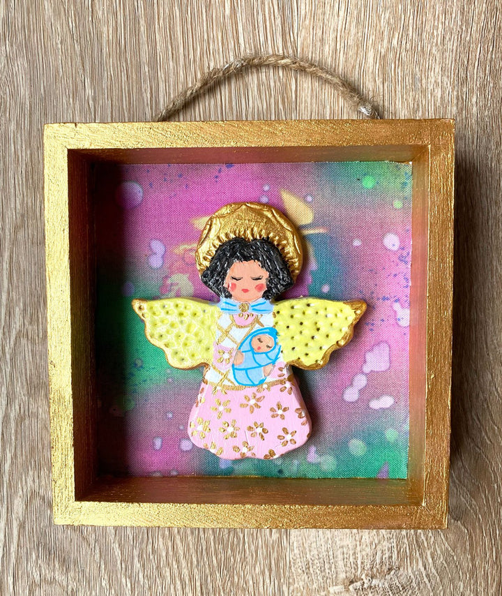 Handmade Angel with baby Wall Art - 5x5 Shadow box - pink & green background - Jolly Dragons