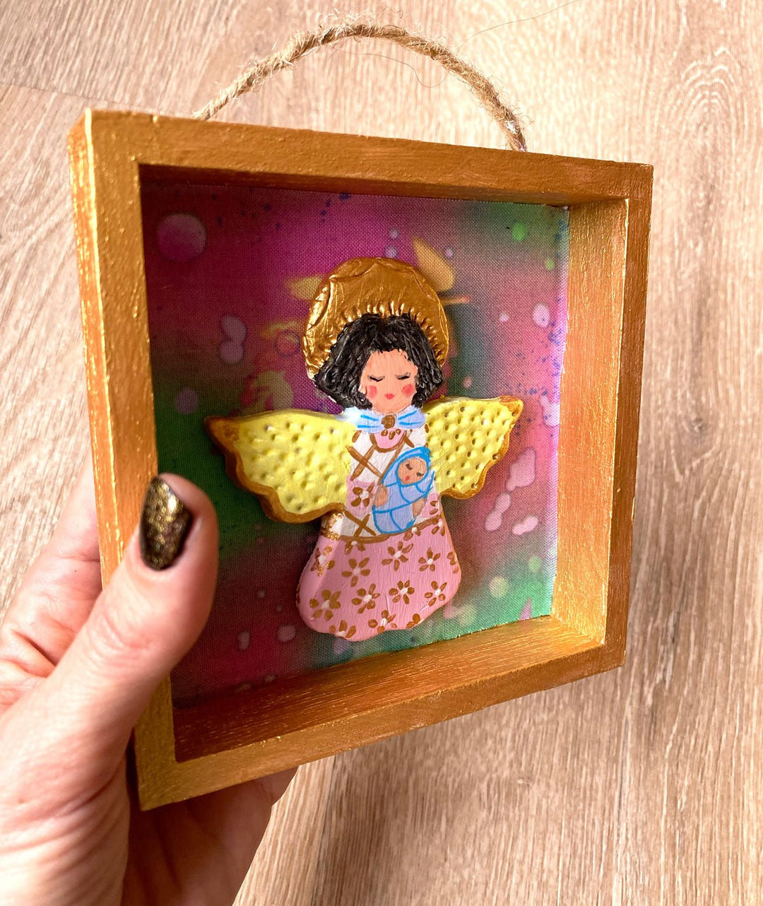 Handmade Angel with baby Wall Art - 5x5 Shadow box - pink & green background - Jolly Dragons