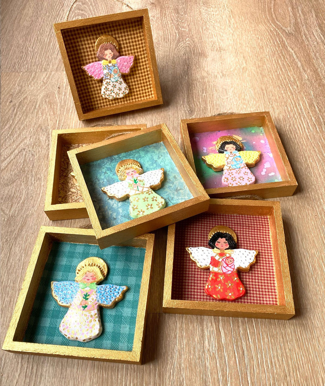 Handmade Angel with baby Wall Art - 5x5 Shadow box - pink & green background - Jolly Dragons