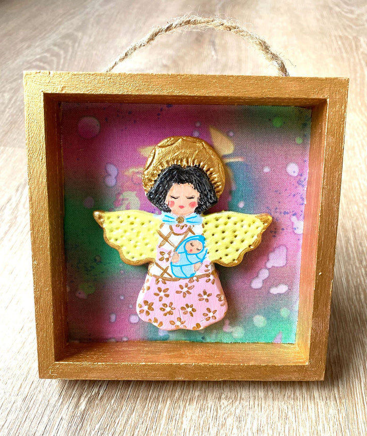 Handmade Angel with baby Wall Art - 5x5 Shadow box - pink & green background - Jolly Dragons