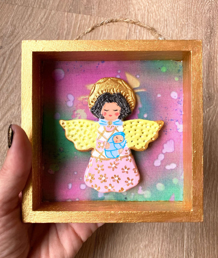 Handmade Angel with baby Wall Art - 5x5 Shadow box - pink & green background - Jolly Dragons