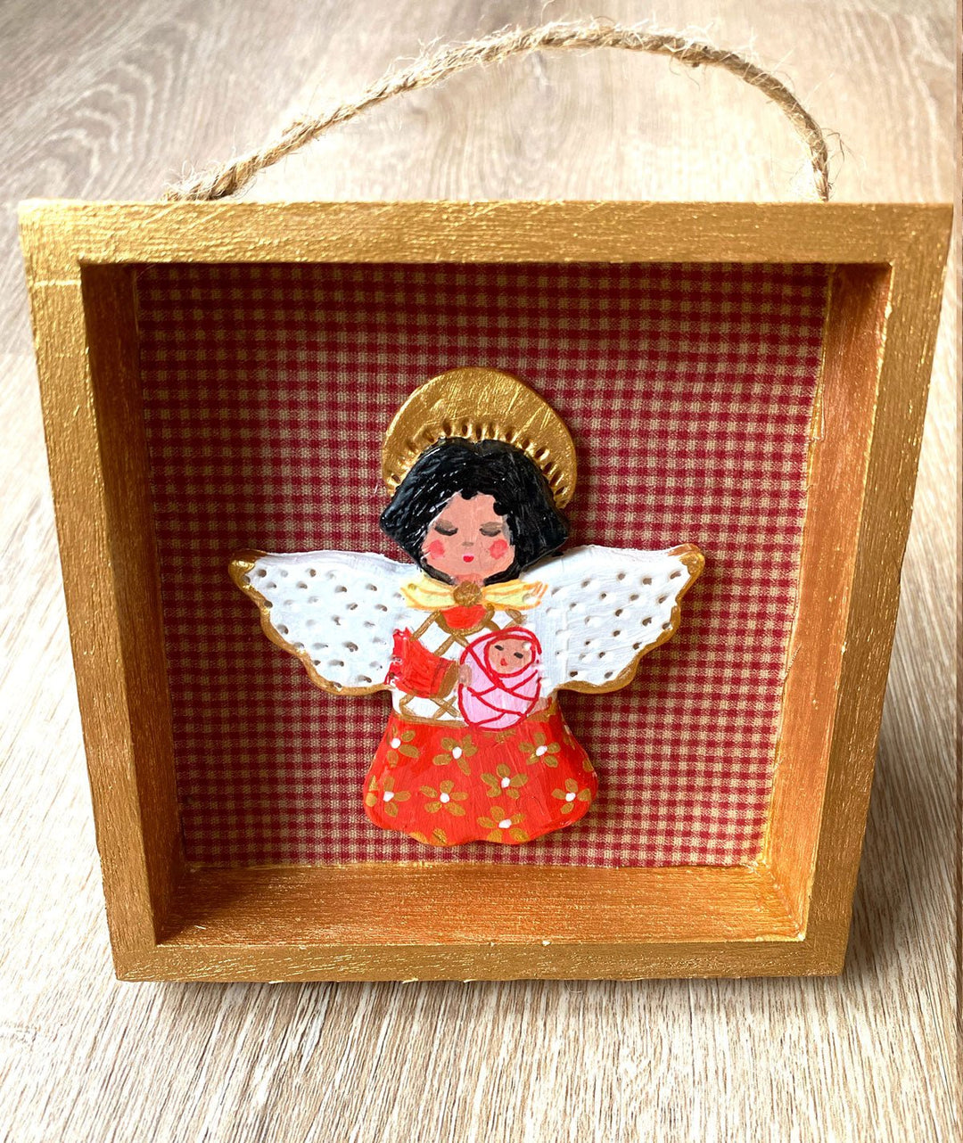 Handmade Angel with baby Wall Art - 5x5 Shadow box - Red Gingham - Jolly Dragons