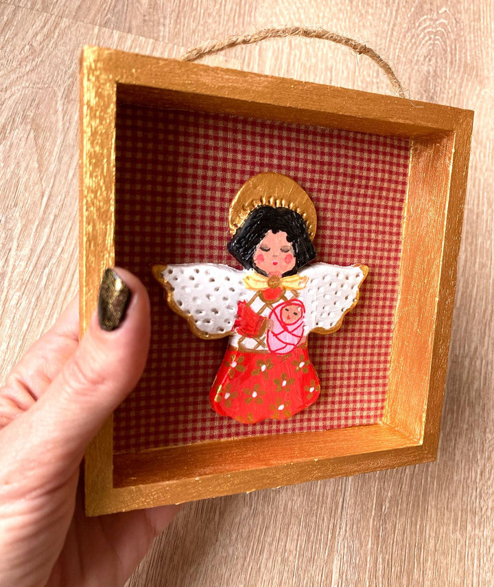 Handmade Angel with baby Wall Art - 5x5 Shadow box - Red Gingham - Jolly Dragons