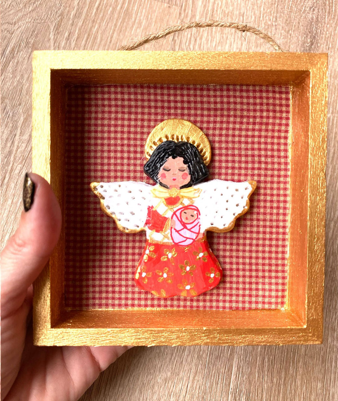 Handmade Angel with baby Wall Art - 5x5 Shadow box - Red Gingham - Jolly Dragons