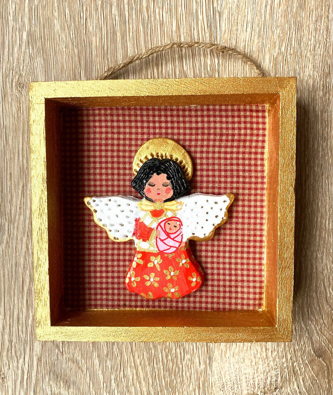 Handmade Angel with baby Wall Art - 5x5 Shadow box - Red Gingham - Jolly Dragons